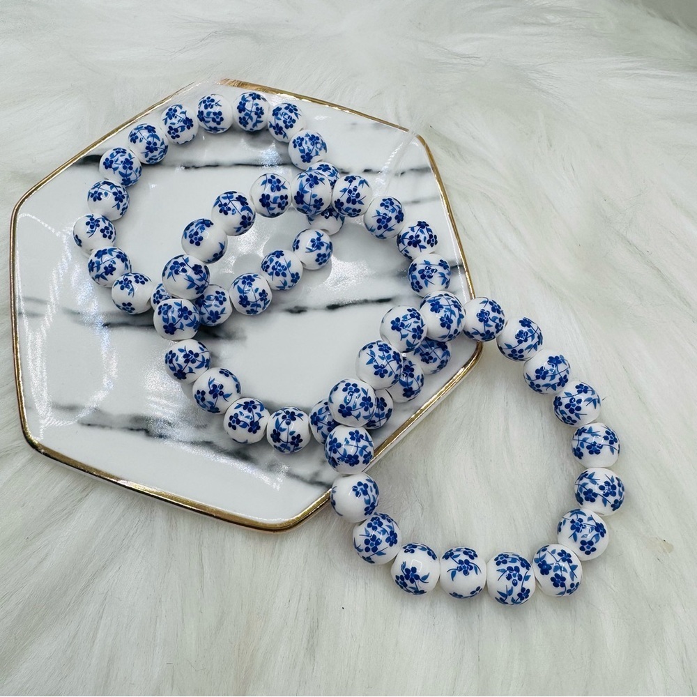 Wholesale Chinese-Style Ceramic Blue Floral Beaded Stretch Bracelet 3 set